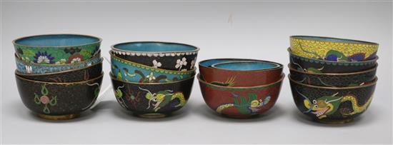 A collection of cloisonne rice bowls, average diameter 10.5cm